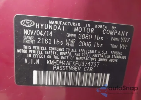 2015 Hyundai Elantra Limited z USA, uszkodzony, nr VIN KMHDH4AEXFU374737
